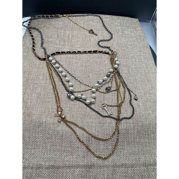 Betsey Johnson Vintage Multi Chain Charm Necklace with Pearls Rhinestones Vntg - Picture 4 of 10